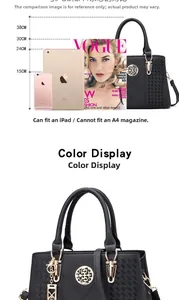 Detail of black faux leather tote with woven texture, showing iPad size comparison