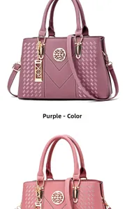 Detailed comparison of purple and lavender textured leather handbags with metal logo charms