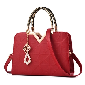 Women Fashion Structured Handbag With Braided Handle Artificial Pearl Pendant Shoulder Bag V-Shaped Metal Decor Crossbody Tote Bag