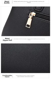 Detail of premium black lychee pattern leather with golden zipper and durable metal hardware
