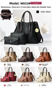 Three-piece vintage PU leather handbag set including tote and inner pouches in seven colors