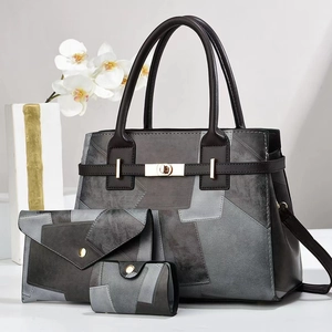 Three-piece large capacity tote bag set with geometric patchwork and gold twist lock detail