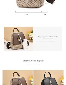 Detailed size comparison of the mini plaid backpack with an iPhone 11 and dimensions