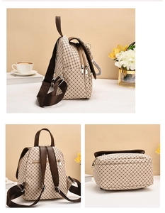 Detail view of stylish beige backpack showing straps, back pocket and solid base texture