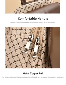Detail of leather top handle and polished silver metal double zippers on the backpack