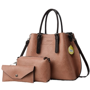 Three-piece dusty rose PU leather handbag set with tote, pouch, and long wallet