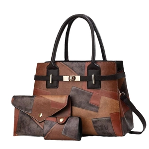 Three-piece large capacity faux leather tote bag set with geometric patchwork in brown and grey