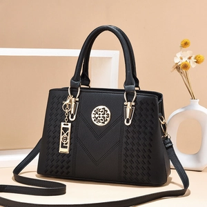 Women Handbag PU Leather Lychee Pattern Large Capacity Tote Shoulder Crossbody Bag Elegant V-Stitching Gold Hardware