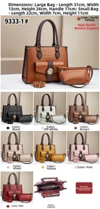 Detailed views of crocodile pattern tote bag set with dimensions and color variations