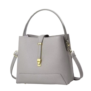 Grey large capacity bucket bag with lychee texture and adjustable strap for women