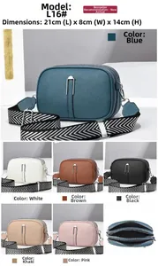 Detailed view of triple zipper crossbody bag with dimensions and 6 color variants