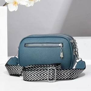 Detail of teal three-layer crossbody bag with lychee texture and striped strap