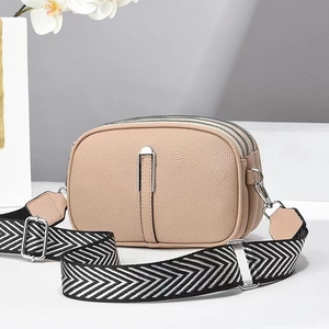 Three-layer beige crossbody bag with lychee texture and geometric woven wide strap