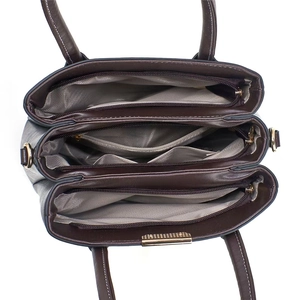 Deep brown leather tote bag with three large compartments and golden hardware