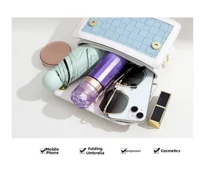 Vue de dessus d'un sac bandoulière blanc et bleu montrant la capacité pour smartphone et objets