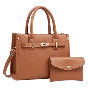 Brown lychee grain tote bag with matching envelope pouch and adjustable shoulder strap