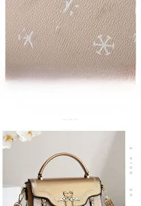Close-up of champagne crossbody bag with lychee texture and diamond swan buckle