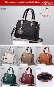 Detailed view of women's embossed leather handbag with inner compartments and dimensions