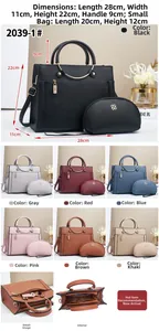 Detailed views of leather handbag set with round metal handles and size specifications