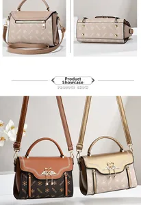 Detail of elegant patterned crossbody bags with swan ornaments and detachable straps