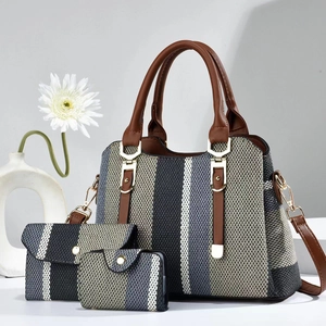 Three-piece striped tote bag set with brown leather trim and golden metal hardware