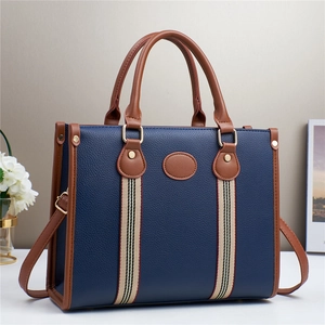 Women Large Capacity PU Leather Tote Bag Business Commute Handbag Stripe Webbing Lychee Grain Crossbody Bag Elegant Female Daily Bag