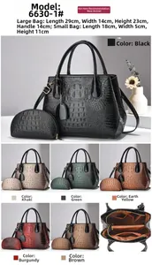 Detail view of large crocodile embossed tote and matching small pouch in various colors