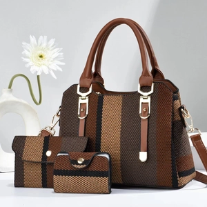 Three-piece striped tote bag set with matching crossbody clutch and card holder