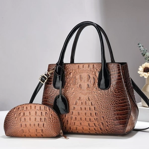 Brown crocodile pattern handbag set with large tote and matching zipper pouch