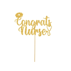 Close-up of golden glitter Congrats Nurse cake topper with stethoscope and hat design