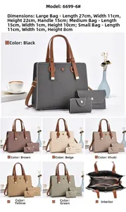 Three-piece women's handbag set featuring detailed dimensions and six color variations