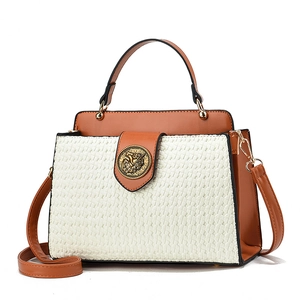 Elegante borsa a spalla in tessuto beige con finiture in pelle marrone e fibbia a leone