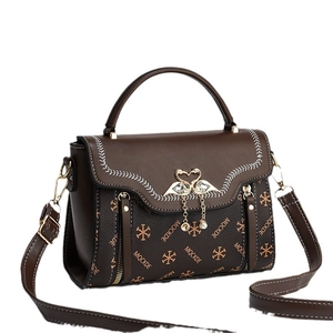 Brown leather handbag with double swan heart clasp and letter print patterns