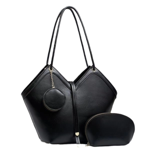 Three-piece black tote bag set with V-shaped opening and gold hardware details