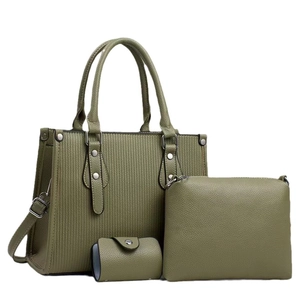 Olive green 3-piece faux leather handbag set with tote, crossbody bag and card holder