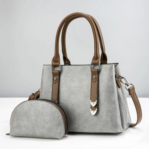 Ensemble 2 pièces sac à main gris vintage avec sac cabas et pochette à lanières brunes