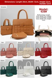 Size chart showing large tote dimensions 30x12x22cm and compact three-piece handbag set