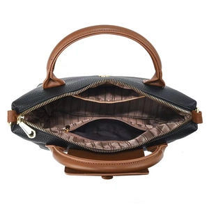 Black pebbled leather tote bag with brown handles and striped interior pockets