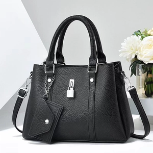Women's Fashion PU Leather Handbag Lychee Pattern Crossbody Bag With Detachable Mini Pouch Silver Lock Large Capacity Ladies Tote