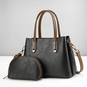 Ensemble sac à main noir pour femme avec anses marron et petit porte-monnaie