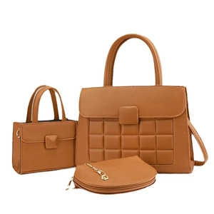 Three-piece brown tote bag set with quilted faux leather texture and gold hardware