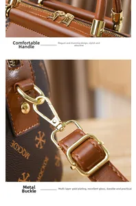 Close-up of golden hardware connectors and textured handle on brown Boston bag