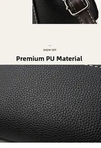 Close-up of textured black PU leather fabric with litchi grain and metallic buckle details