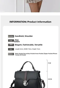Detailed view of black litchi grain leather handbag with dimensions and contrast stitching