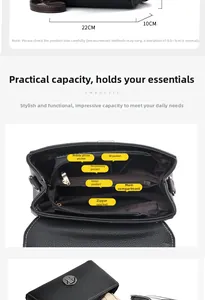 Detail view of the multi-compartment interior and 22cm base of this black satchel bag