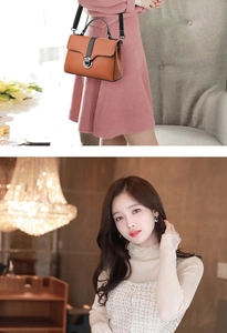 Detailed view of brown litchi pattern leather handbag with silver metallic buckle detail
