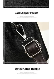 Detail of black lychee leather bag with back zipper pocket and detachable swivel hook strap