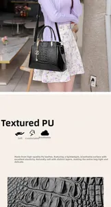 Detail of black crocodile texture PU leather handbag with elegant metal handle