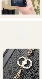 Detail of dark blue crocodile texture handbag with sparkling rhinestone metal pendant