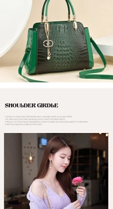 Detail of dark green crocodile texture handbag with gold hardware and rhinestone charm